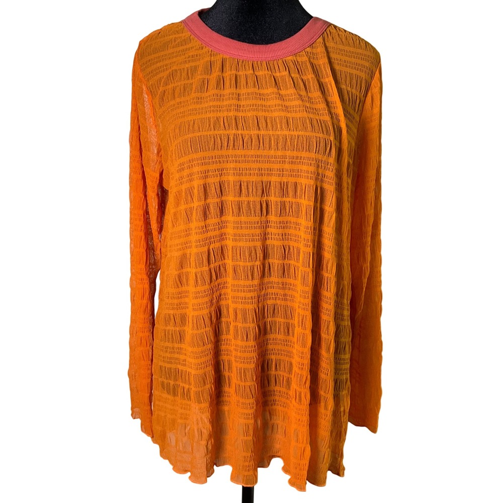 Saylor Crinkle Textured Mesh Long Sleeve Tunic Top Crew Neck Size M Boho Stretch
